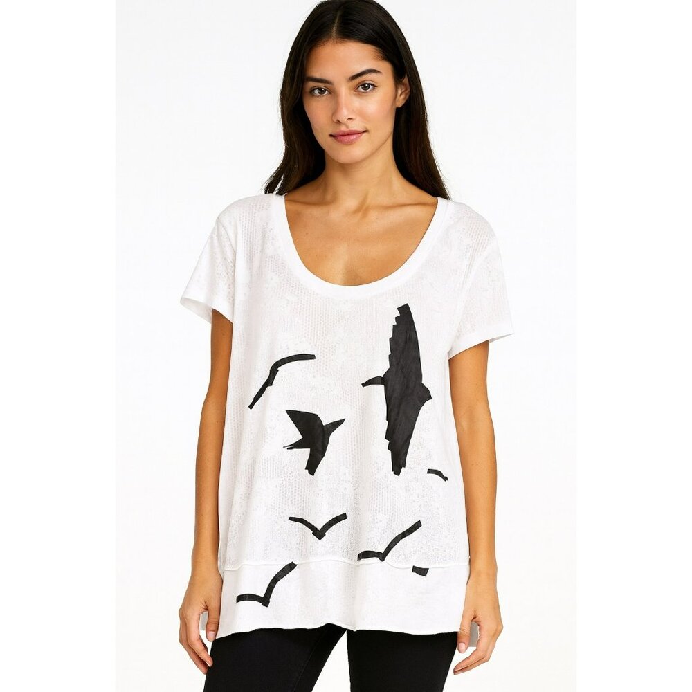 We The Free White Scoop Neck Bird Print Lace Oversized Tee Small